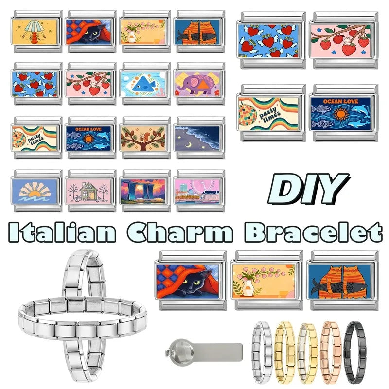 Fashion Pink Skyscraper City Scenery Fish Cat Vase House Italian Charm Link fit 9mm Stainless Steel Jewelry DIY Making Bracelets Qme