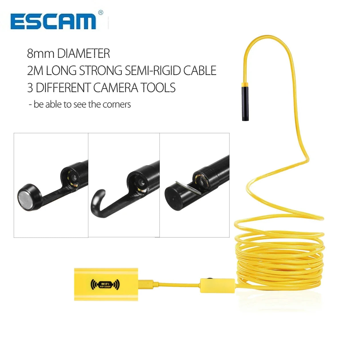 ESCAM 2/5/10M WIFI Endoscope Camera HD 1200P 8mm 8 LED Mini Waterproof Hard Cable Inspection Camera Borescope for Iphone PC IOS Qme