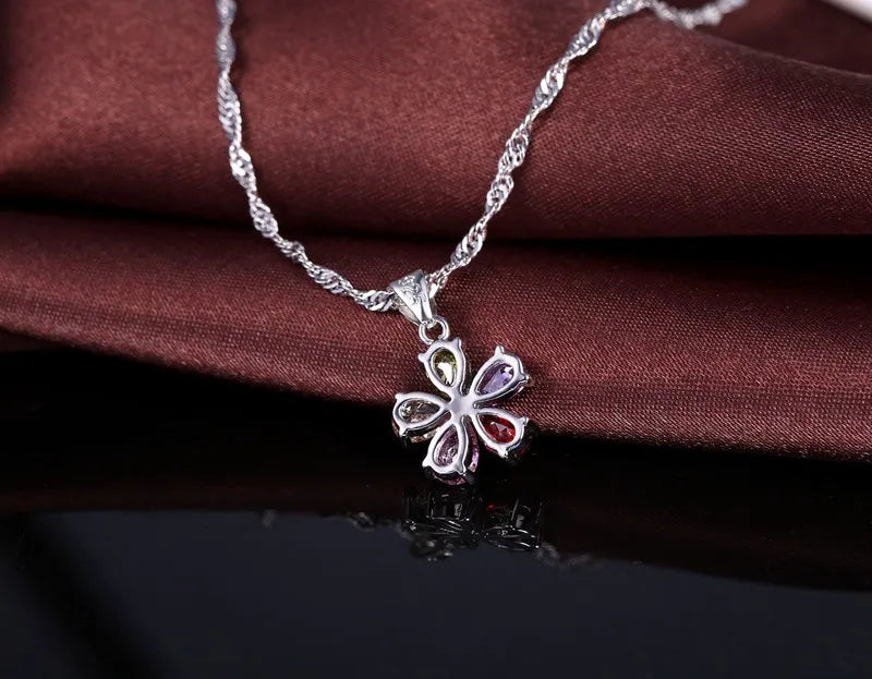 Pendant Necklace Hoop Earrings Ring Jewelry Set 925 Sterling Silver Color Austrian Colourful Crystal Lover Gift For Anniversary Qme