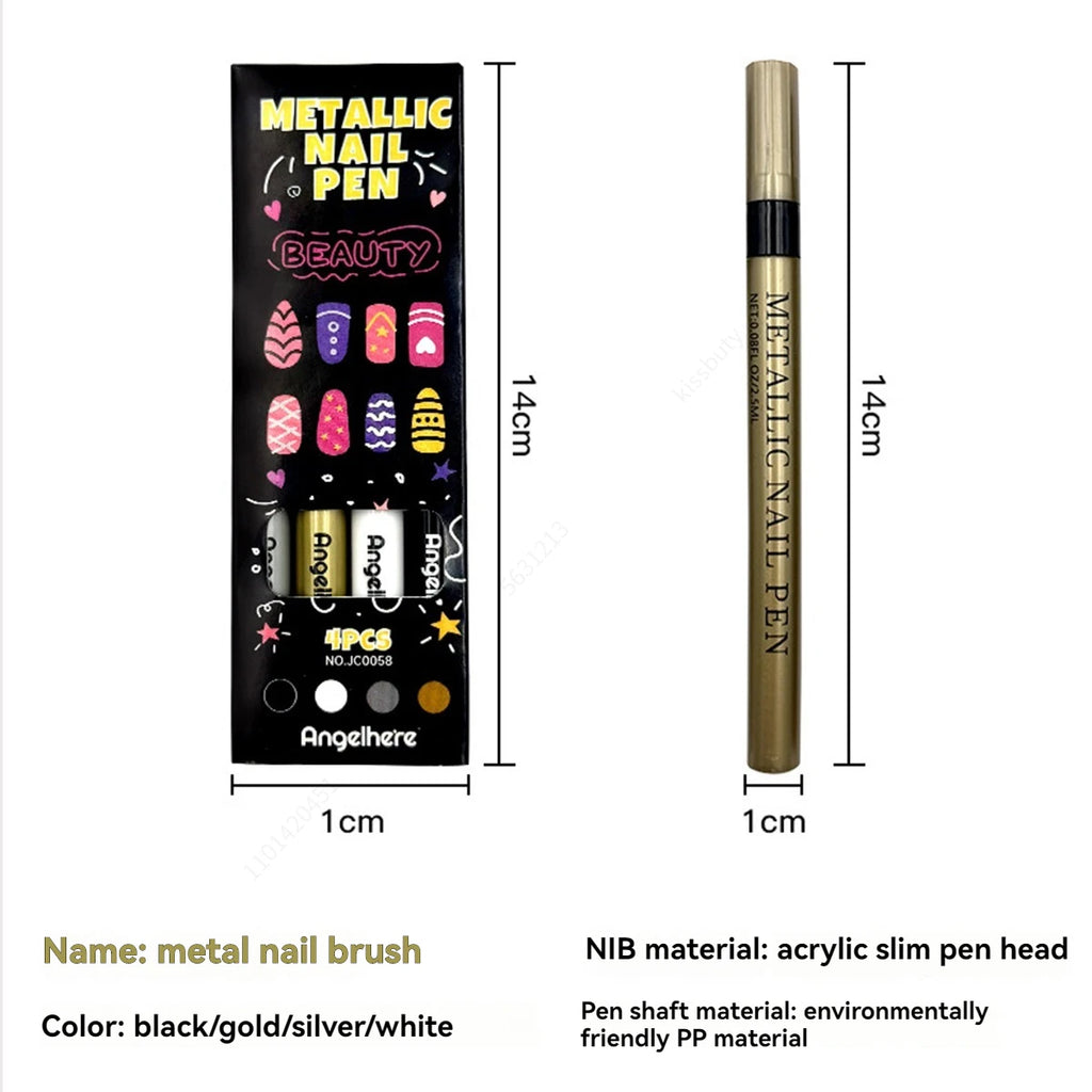 4 Colors Metal Nail Art Graffiti Pen Set Nail Marker Drawing Pen, Waterproof DIY Art Nail Painting Manicure Pen Qme
