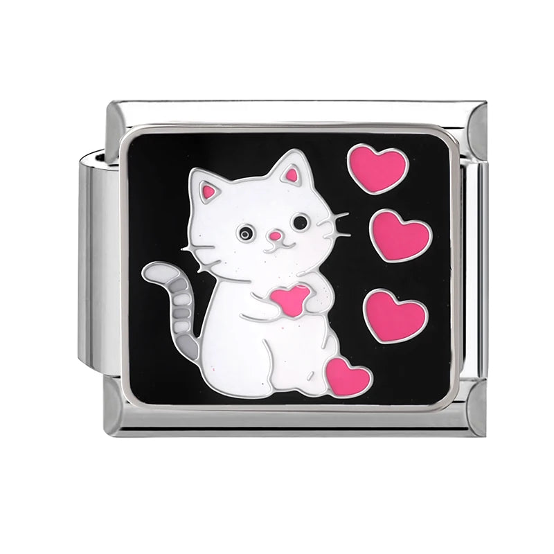 Cute Colored Love Heart Cat Italian Charm Fit Stainless Steel Women