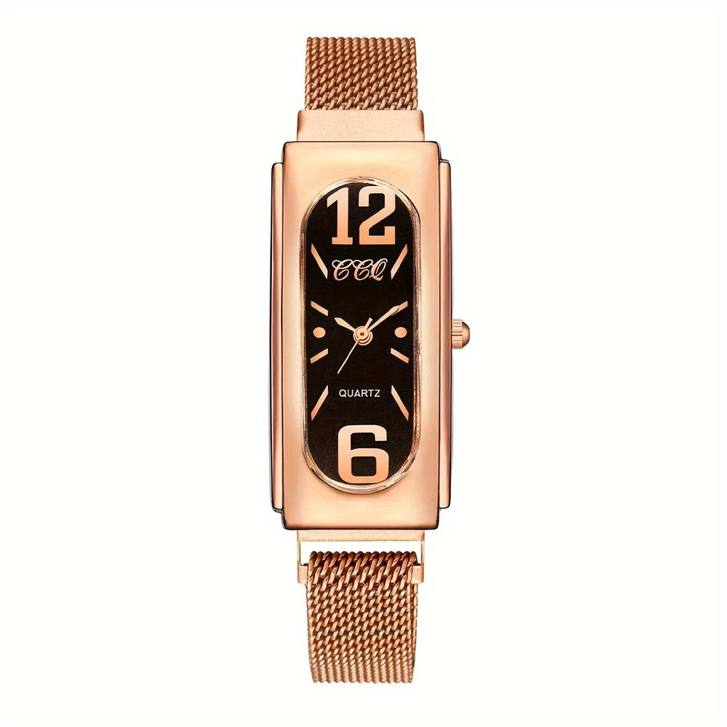 Ladies' elegant stainless steel mesh strap rectangular dial quartz watch magnetic clasp Qme