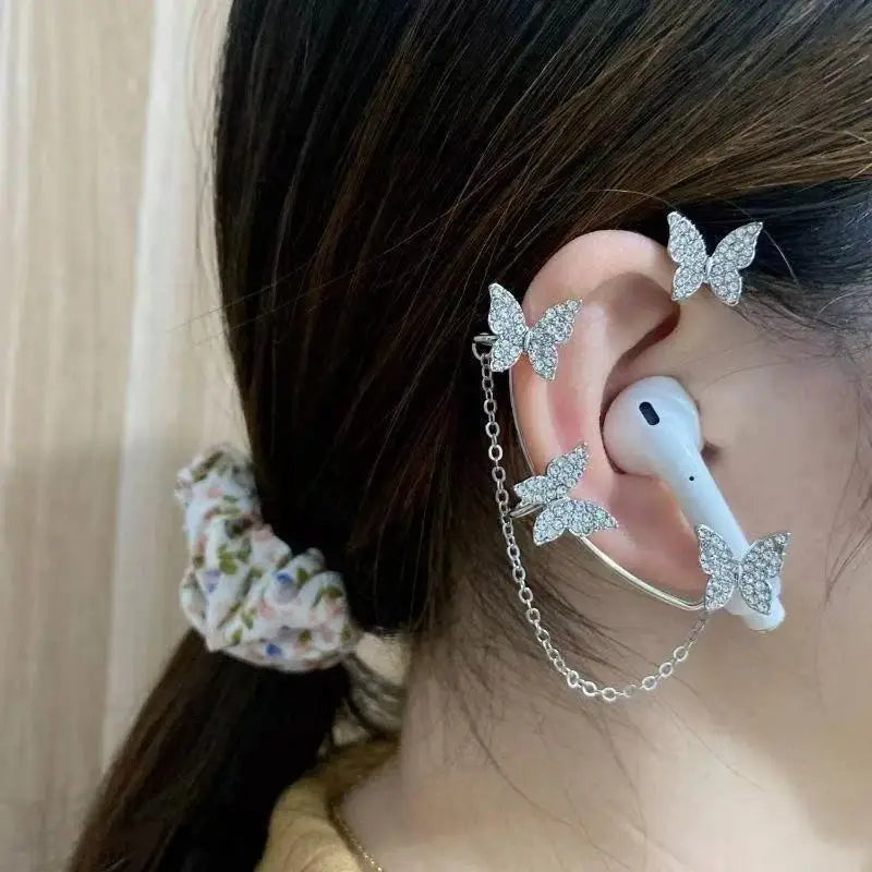 Creative Rhinestone Butterfly Earphone Anti-lost Chain Fashionable Qme