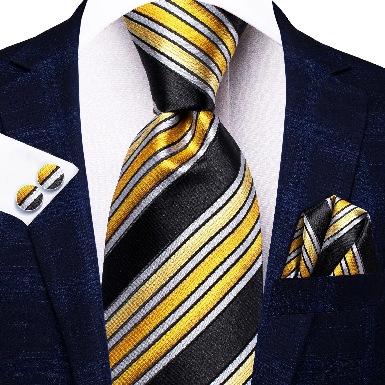 Designer Gold Solid Wedding Tie Men Handky Cufflink Striped Plaid Qme SN-3492