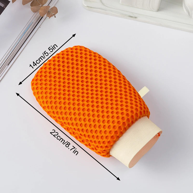 2-in-1 Bath Loofah Glove Double-sided Exfoliating Lathering Tool Soap Qme Gloves Orange