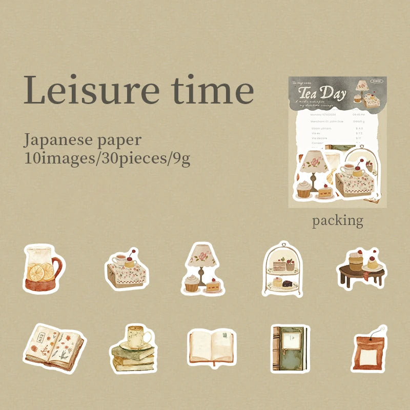 30 Sheets/Bag Japanese Tea House Retro Theme Washi Paper Sticker Pack for DIY Craft, Scrapbook Material, Birthday Gift Qme 5