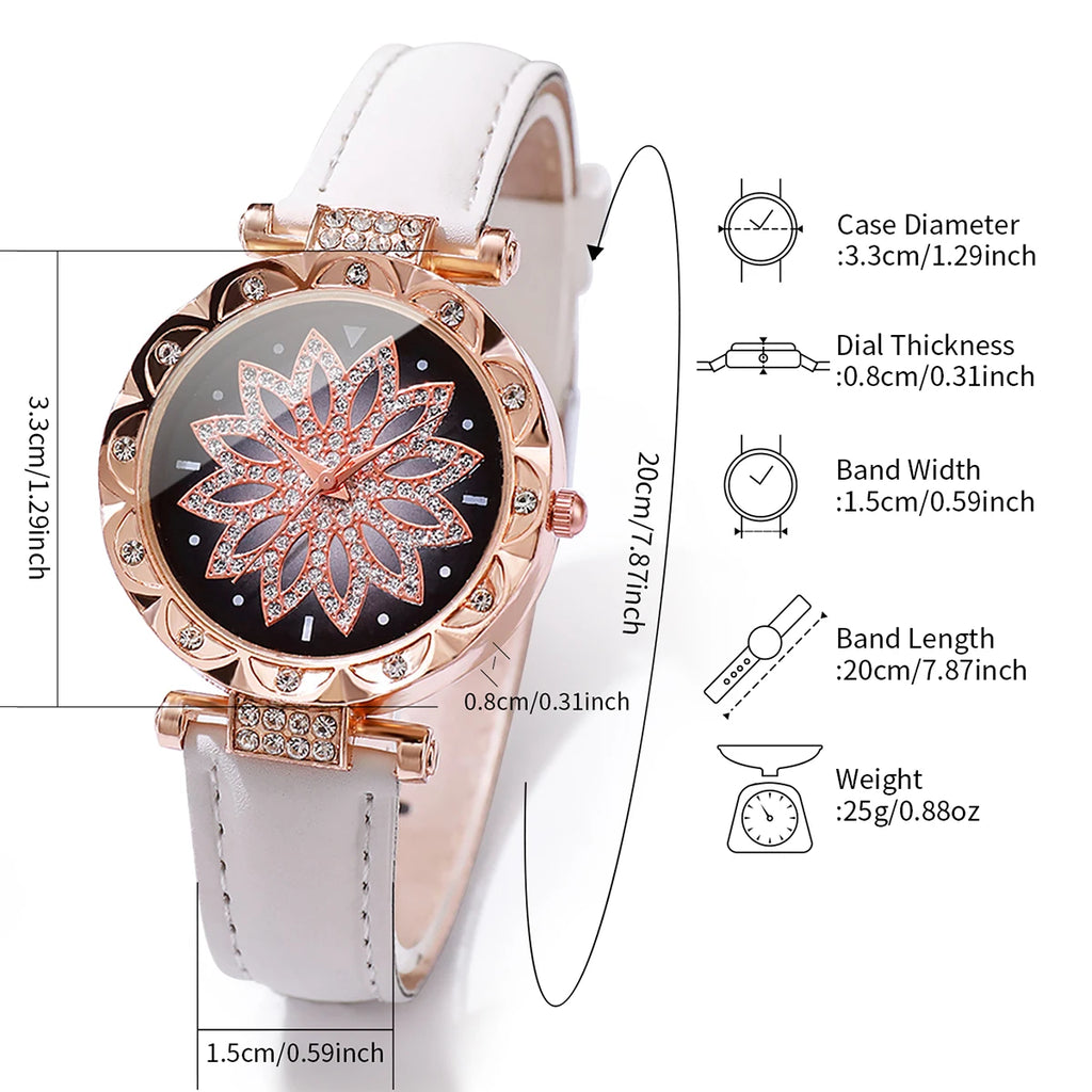 6 Pçs/set Relógio Feminino Moda Strass Flor Dial Relógios de Quartzo Pulseiras Conjunto (Sem Caixa) Qme