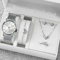 6 Pçs/set Moda Coração Dial Relógio de Quartzo Feminino Casual Banda de Plástico Relógios Strass Conjunto de Jóias (Sem Caixa) Qme silver set