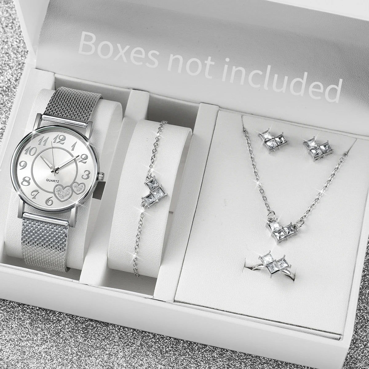 6 Pçs/set Moda Coração Dial Relógio de Quartzo Feminino Casual Banda de Plástico Relógios Strass Conjunto de Jóias (Sem Caixa) Qme silver set