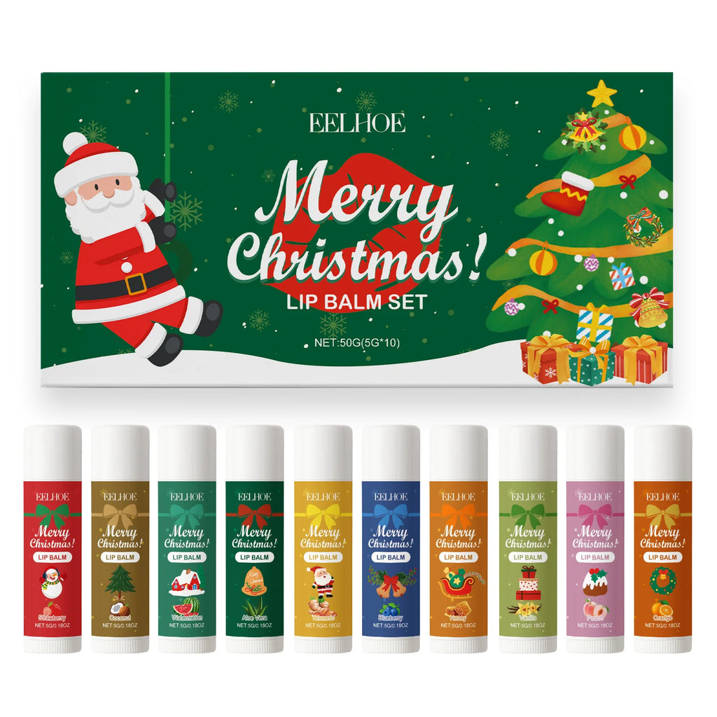 10PCS/Box Christmas Lip Moisturizing Set Deep Moisturizing Lip Color Brightening Plump Lip Care Gift Set for Women Girls Qme