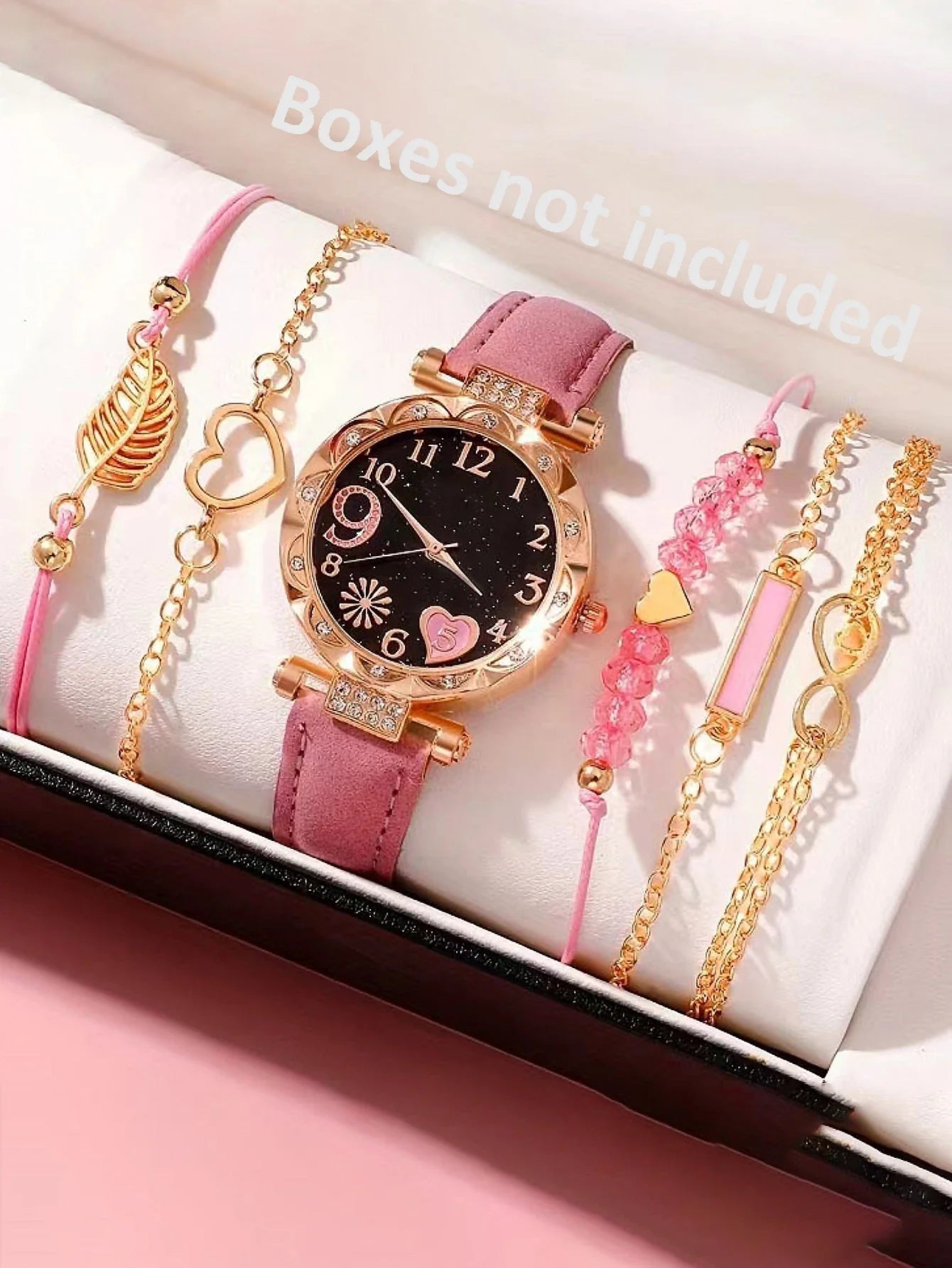 6PCS Women's Fashion Quartz Watch Luxury Pink Leather Band Analog WristWatch Ladies Watch Women Dress Bracelet Set Clock Qme Pink