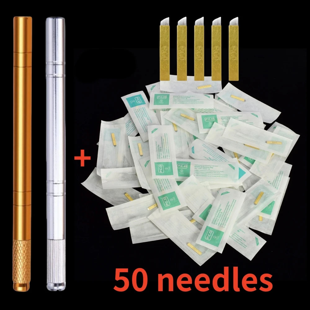 Golden Tebori 3D Microblading Tattoo Pen Needles Permanent Makeup Manual Professional Eyebrow Microblading Tattoo Set Tool Qme Two Pen 50 Needles