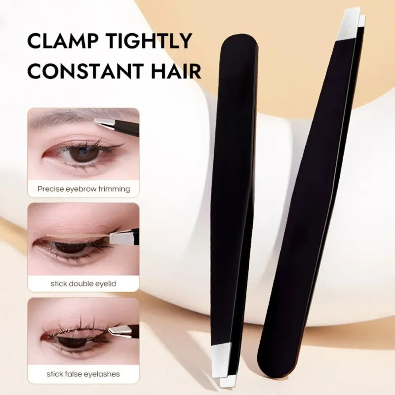 Stainless Steel Black Eyebrow Tweezer Slant Flat Point Beauty Tools Qme