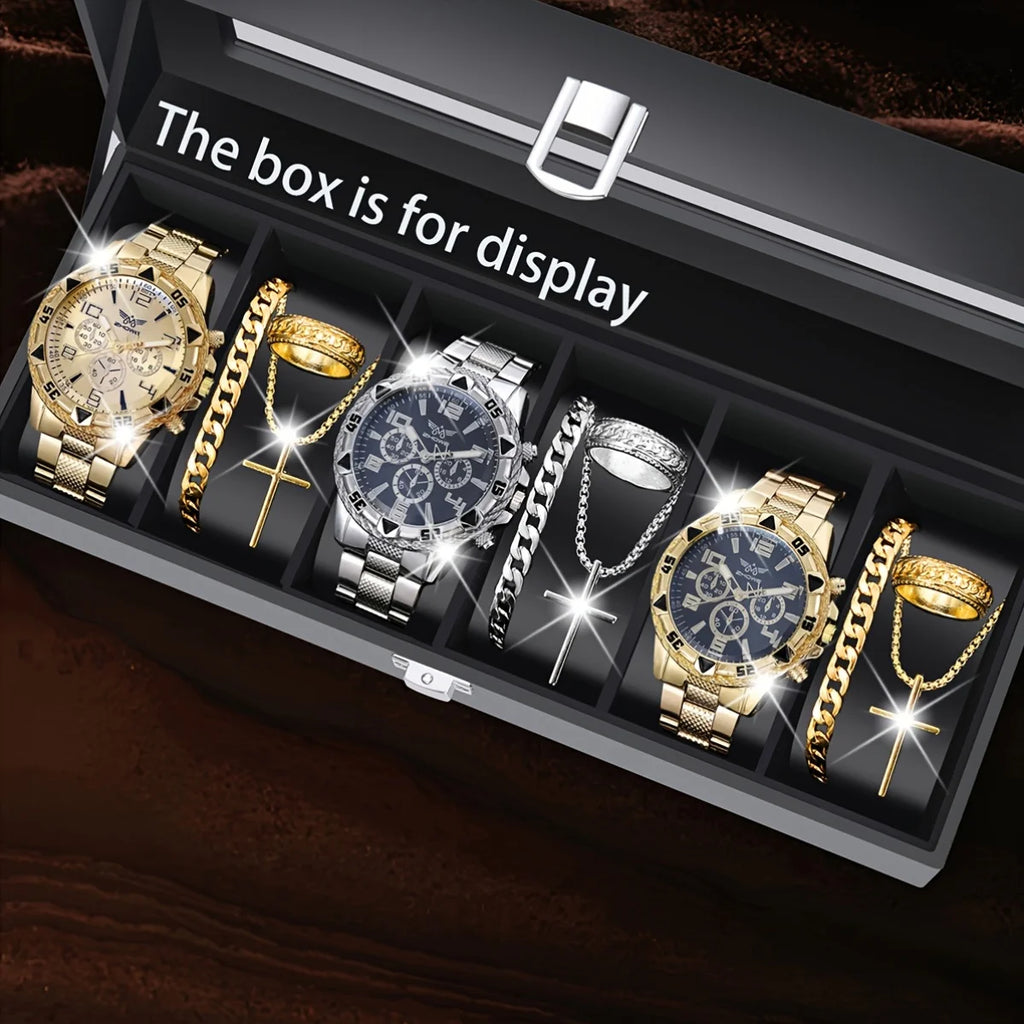 12PCS Men's Sporty Style Steel Belt Watch+Exquisite Ring, Necklace, and Bracelet Set for Christmas, Halloween, and Birthday Qme Other