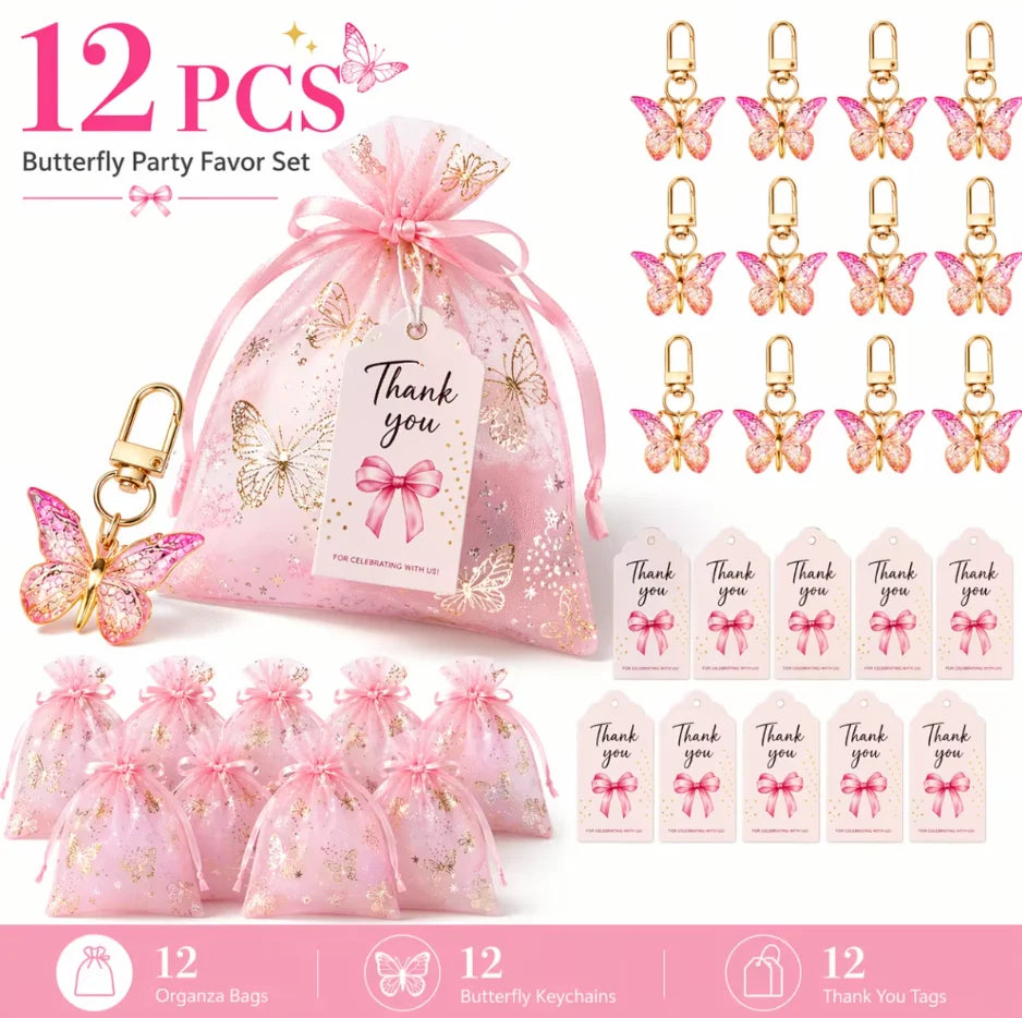 36pcs/12set, Butterfly Keychain Gift Set, 12pcs Acrylic Purple Keychains, 12pcs Brown Cards and 12pcs Organza Drawstring Bags Qme