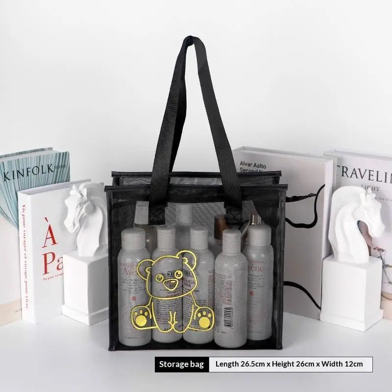 Fashion Clear Beach Tote Bag with Zipper Flower Cartoon Wash Bag Nylon Mesh Transparent Bag Woman Qme A2