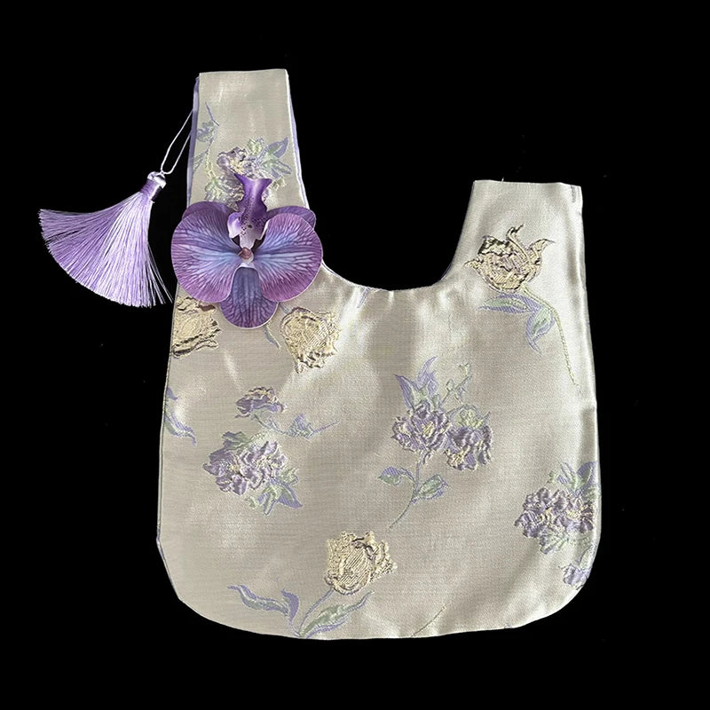 Orchid Tassel Faux Silk Jacquard Fabric Handbag New Chinese Retro Style Small Bag Qme Purple