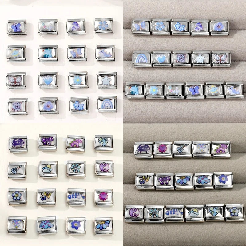New 2026 Y2K Rainbow Heart Earth Blue Series Pattern Italian Charm Links Fit 9mm Stainless Steel Bracelet Jewelry DIY Making Qme