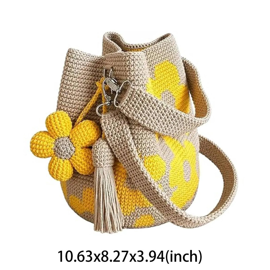 Boho Beach Handbag Lightweight Embroidery Aesthetic Boho Bag with Flower Tassel Needlepoint Barrel Drawstring Purse for Women Qme