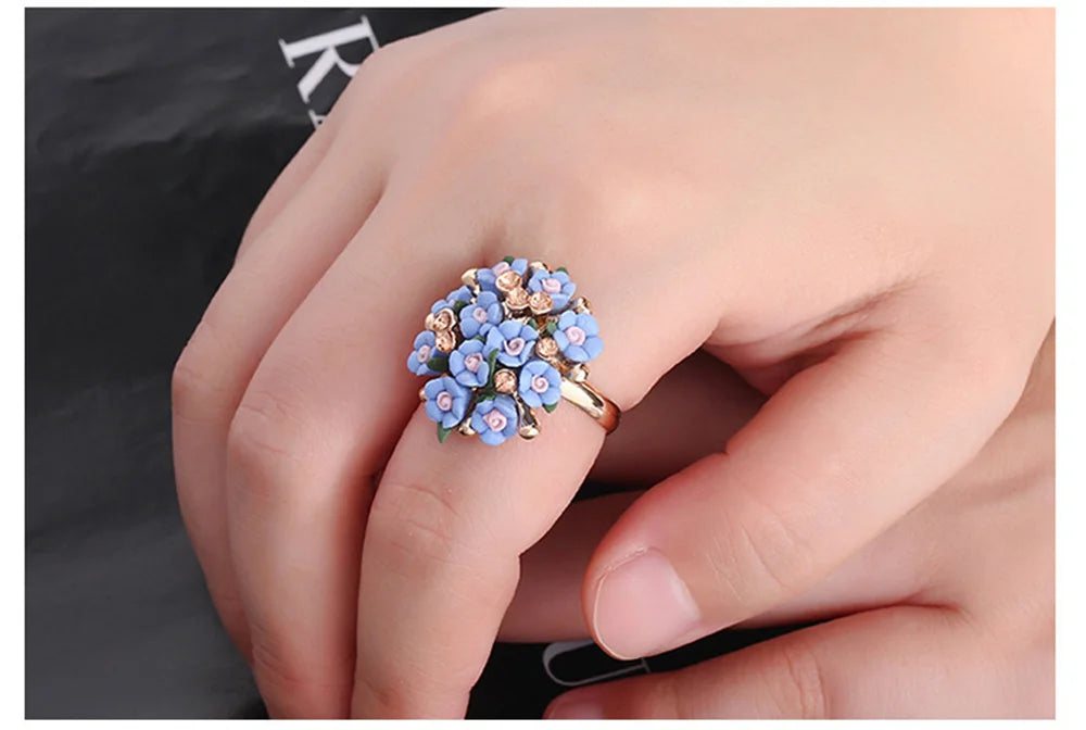 New Jingdezhen New Chinese Ceramic Small Flower Ring with Adjustable Beautiful and Fashionable Women's Gathering Jewelry Qme Blue resizable