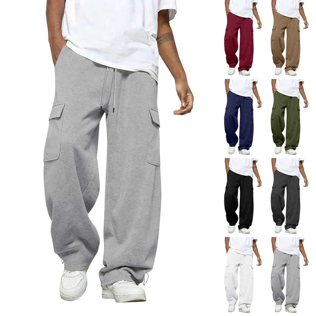 Male Basic Baggy Solid Wide Leg Sweatpants Fashion Daily Versatile Drawstring Elastic Waist Trousers Sports Hiking Comfy Pants Qme