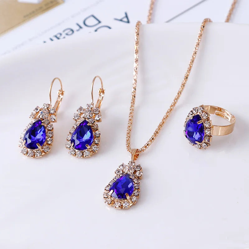 3ps Set Fashion Water Drop White Blue Red Purple Black Temperament Jewelry Sets for Party Women Pendant/Necklace/Earrings/Rings Qme blue