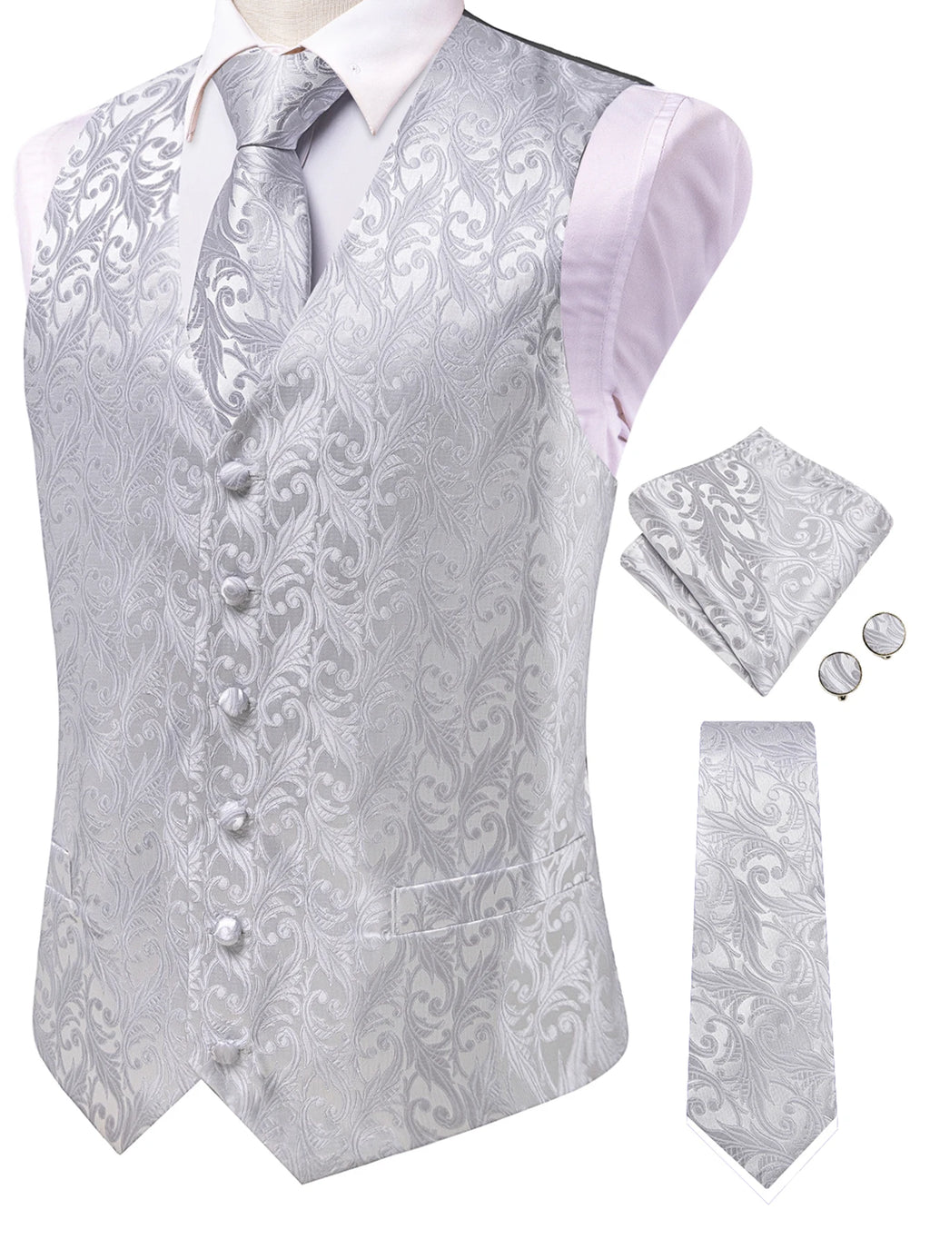 Men's Classic Floral Vest Tie Hanky Cufflinks Waistcoat Weddings Qme HT-MJ-0198 XL