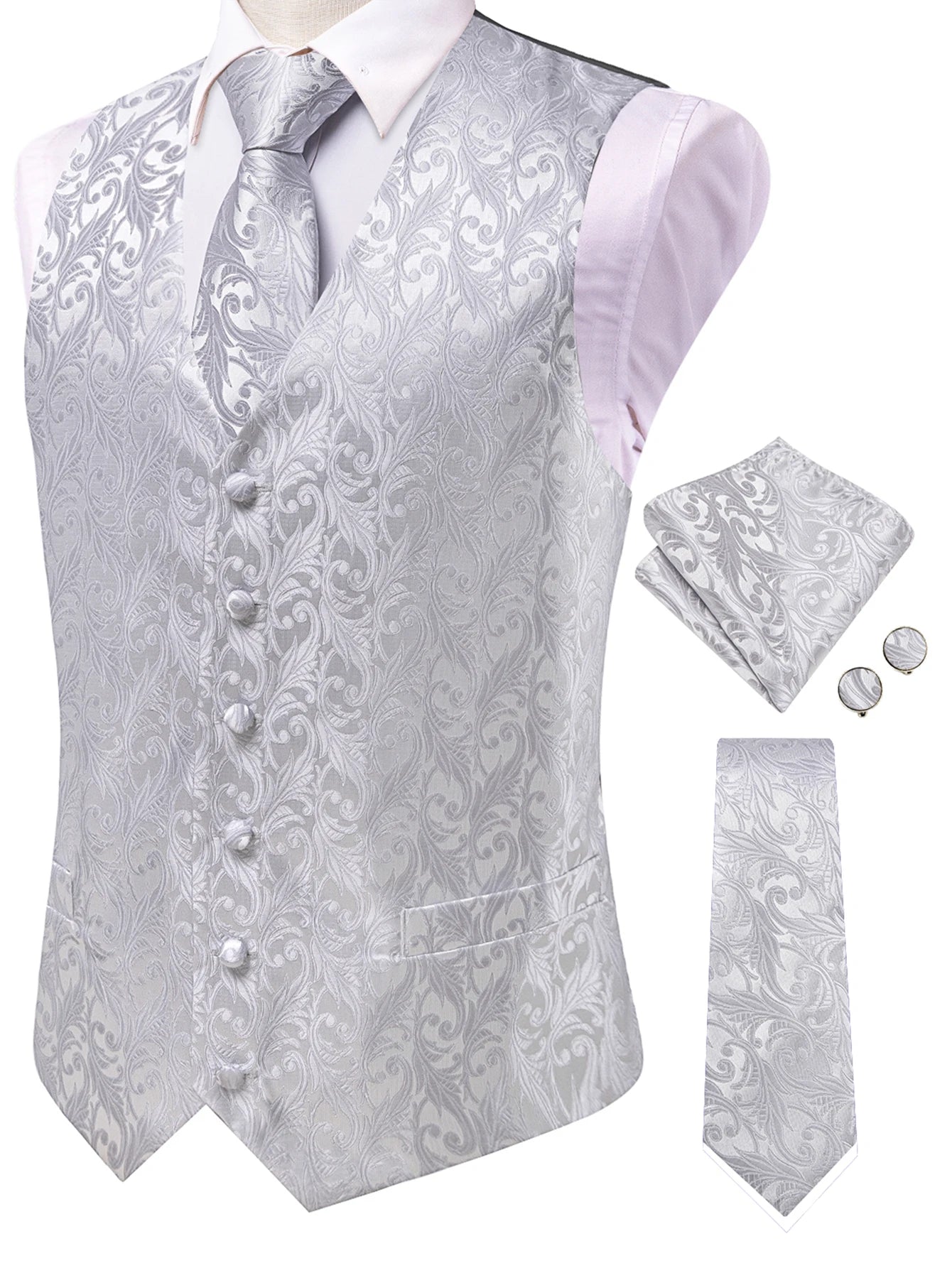 Men's Classic Floral Vest Tie Hanky Cufflinks Waistcoat Weddings Qme HT-MJ-0198 XL