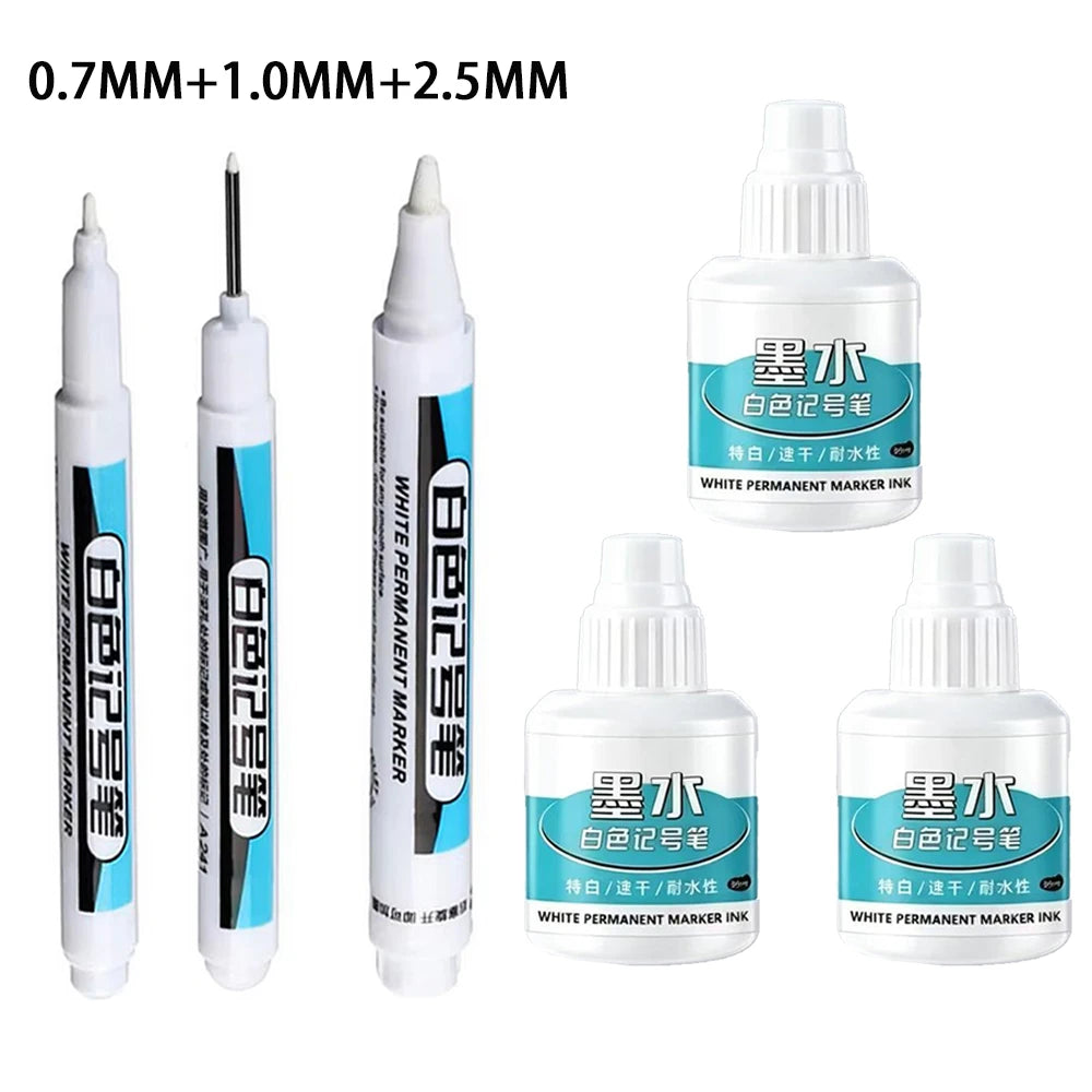 White Marker Pens 0.7/1.0/1.5/2.5mm Oily Waterproof White Gel Pen And Ink DIY Graffiti Markers Stationery Wrting Supplies Qme 3 Pens - 3 inks