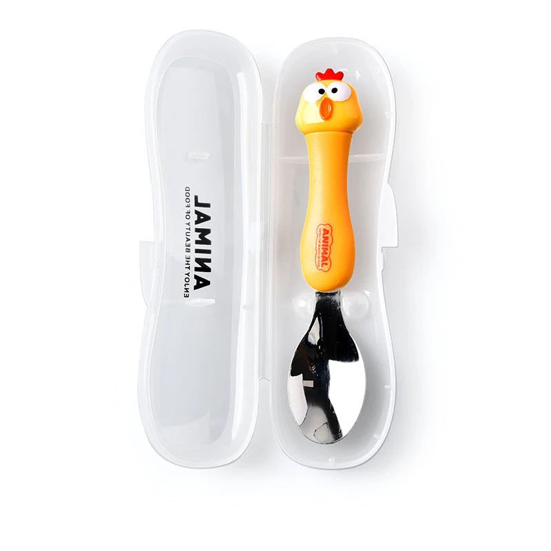 Cartoon Animal Kids Spoon and Fork Set Dessert Spoon for Children Fork Baby Tableware Gadgets Children's Cutlery Kids Favours Qme Chiken Only Spoon