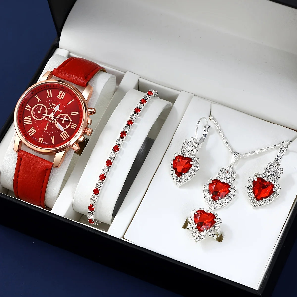 Fashion quartz watch and jewelry set, shock resistant circular analog digital display, PU leather strap, zinc alloy case Qme 5