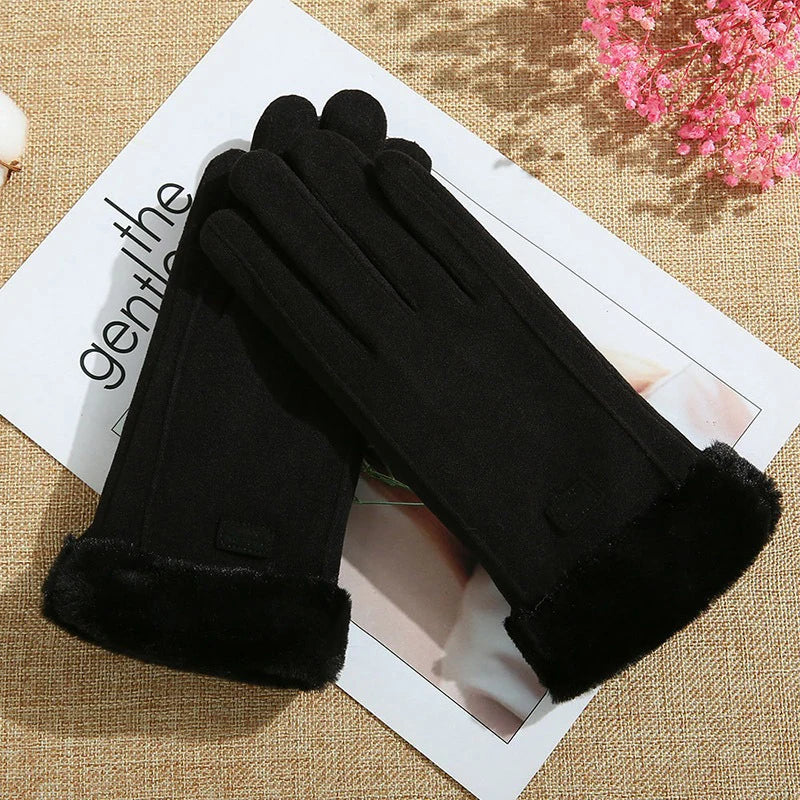 Autumn Winter Warm Suede Gloves Velvet Thickened Plush Decor Cuff Qme black