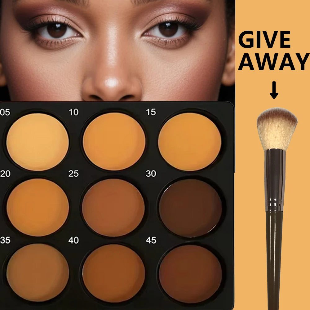 9-Color Waterproof Contour Concealer Matte Palette Free Brush Medium to Deep Shades 3D Sculpting Oil Control Long Lasting Wear Qme