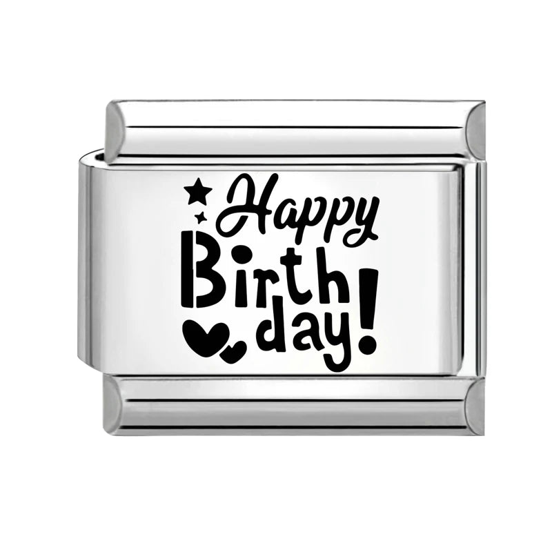 Trendy New Fashion English Words Happy Birthday Big Cake Charm Italian Links Fit 9mm Stainless Steel Bracelet DIY Making Jewelry Qme Style 8