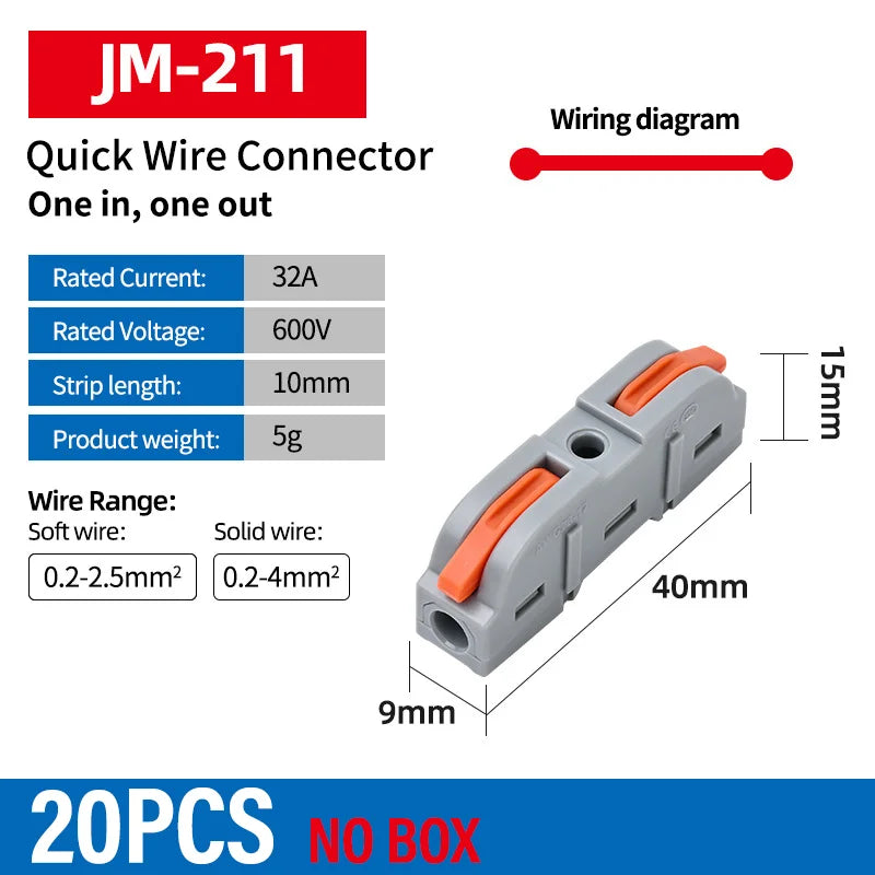 Quick Lever Wire Connectors Terminal 1-To-1 Inline Spliceable Butt Wiring Block Reusable Plug In Insulated Electrical Connector Qme 211O 20PCS