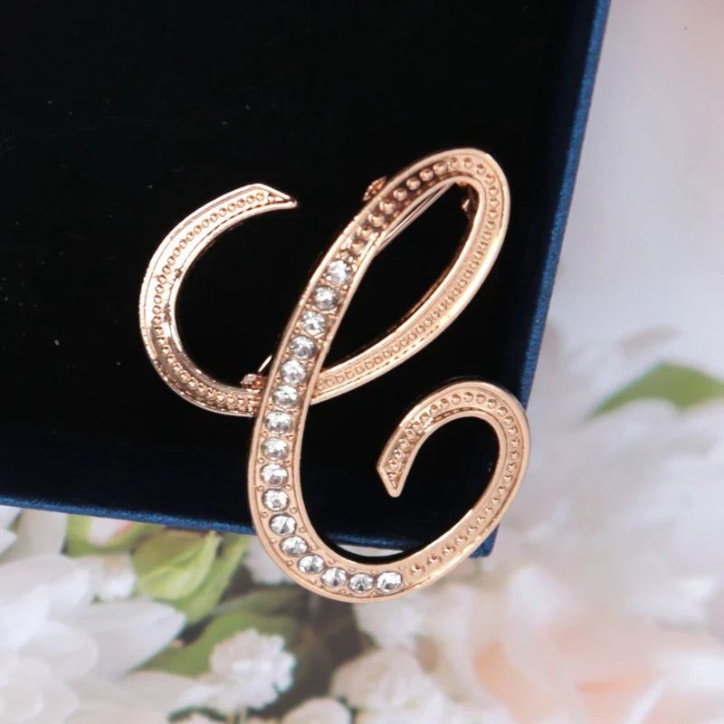 Fashion Women Rhinestone Brooch A-z English Letter Gold Metal Pins Qme C