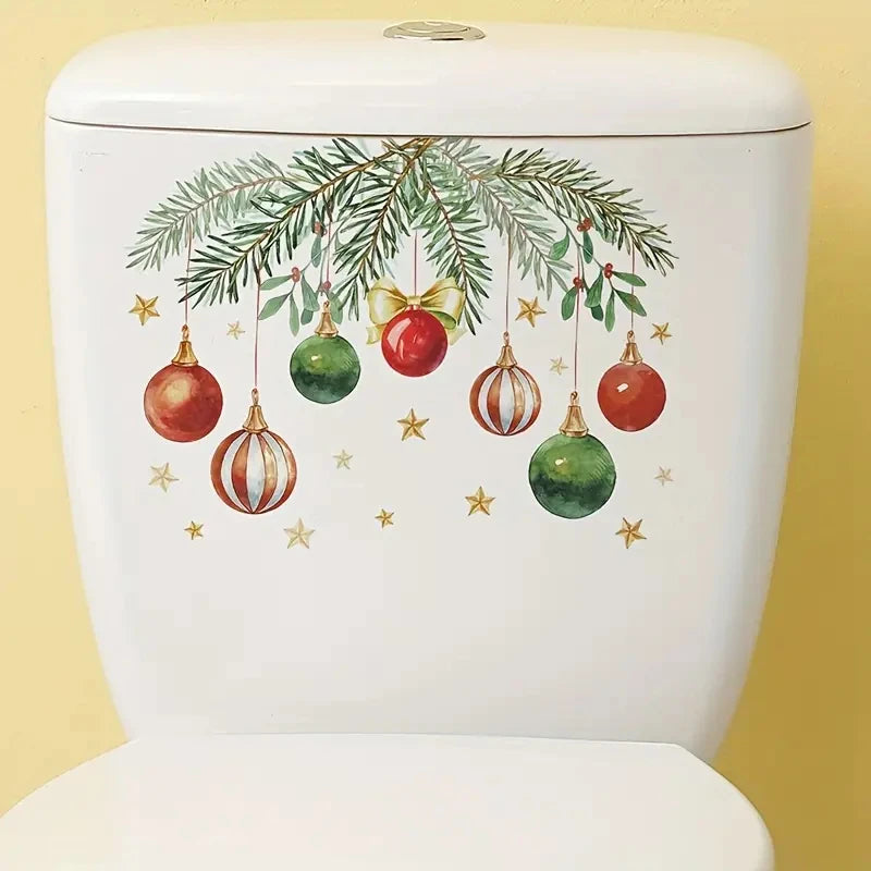 1pc New Toilet Stickers Christmas Green Plants Pattern Self-adhestive Decal Festive Home Decor for Kids Bathroom Qme