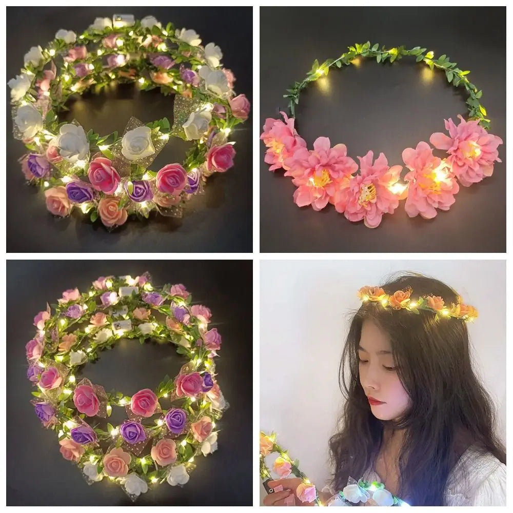 Simulation Rose Flower Wreath Headband Tiara LED Light Crowns Qme