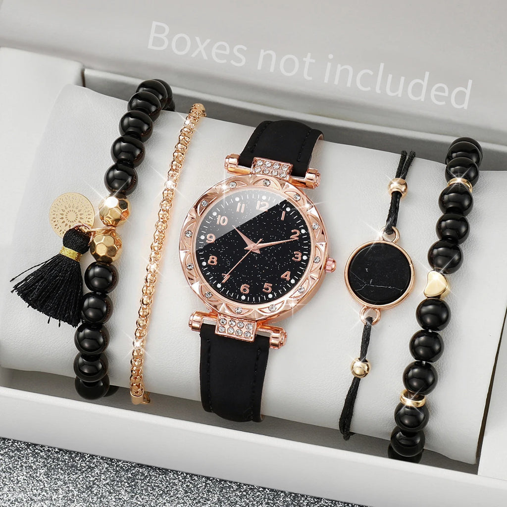 5PCS/Set Rose gold black glitter starry sky dial women's black belt watch 4-piece set bead bracelet, not including gift box Qme