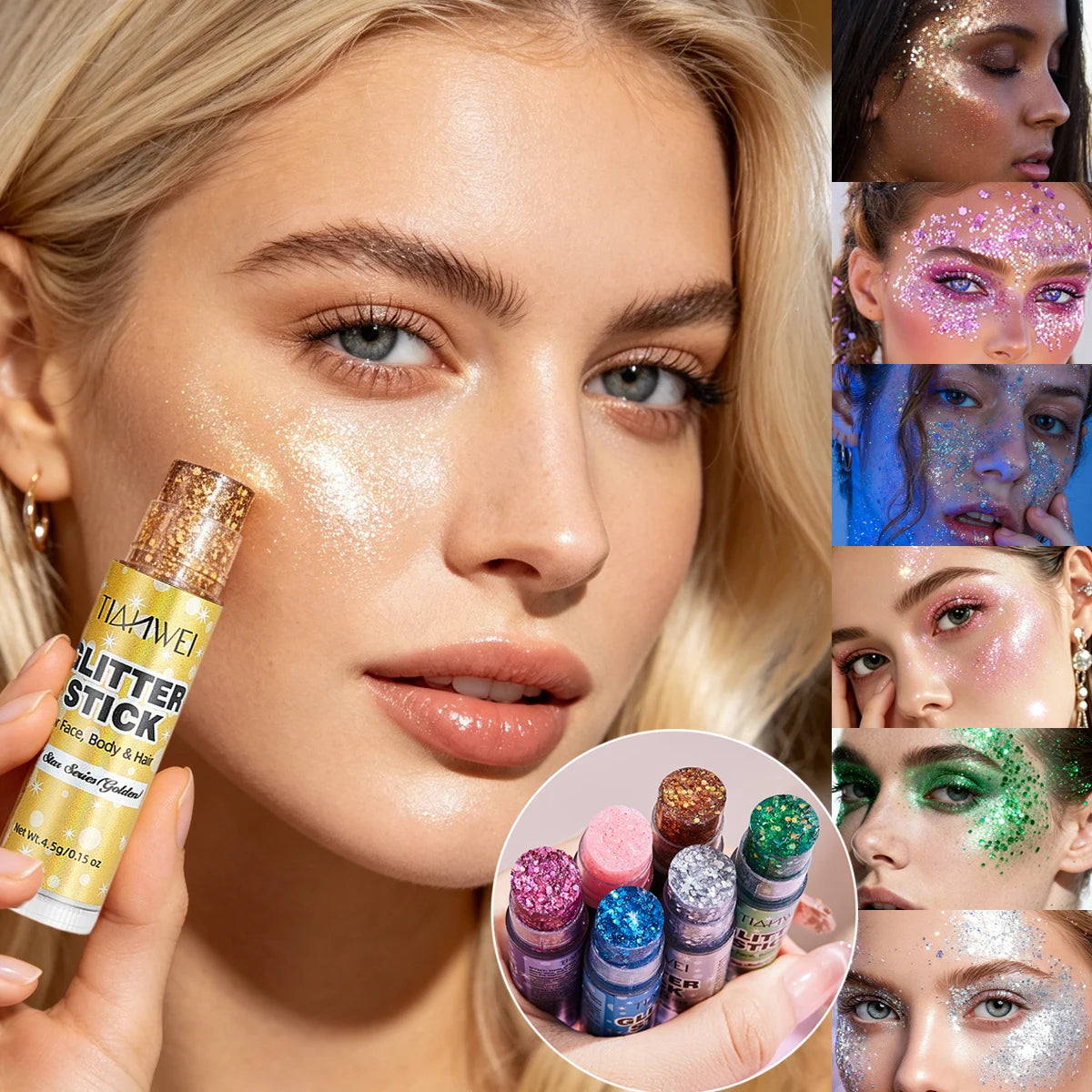6-Pack Glitter Stick Sequin Gel Face Waterproof Sweat Proof Qme