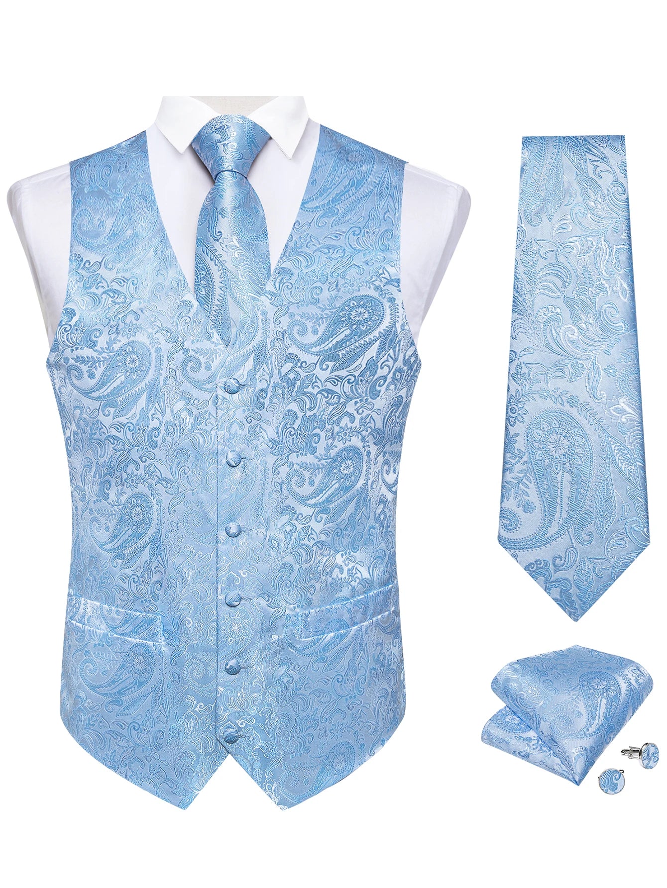 Men's Paisley Suit Vest Tie Formal Waistcoat Necktie Pocket Square Qme