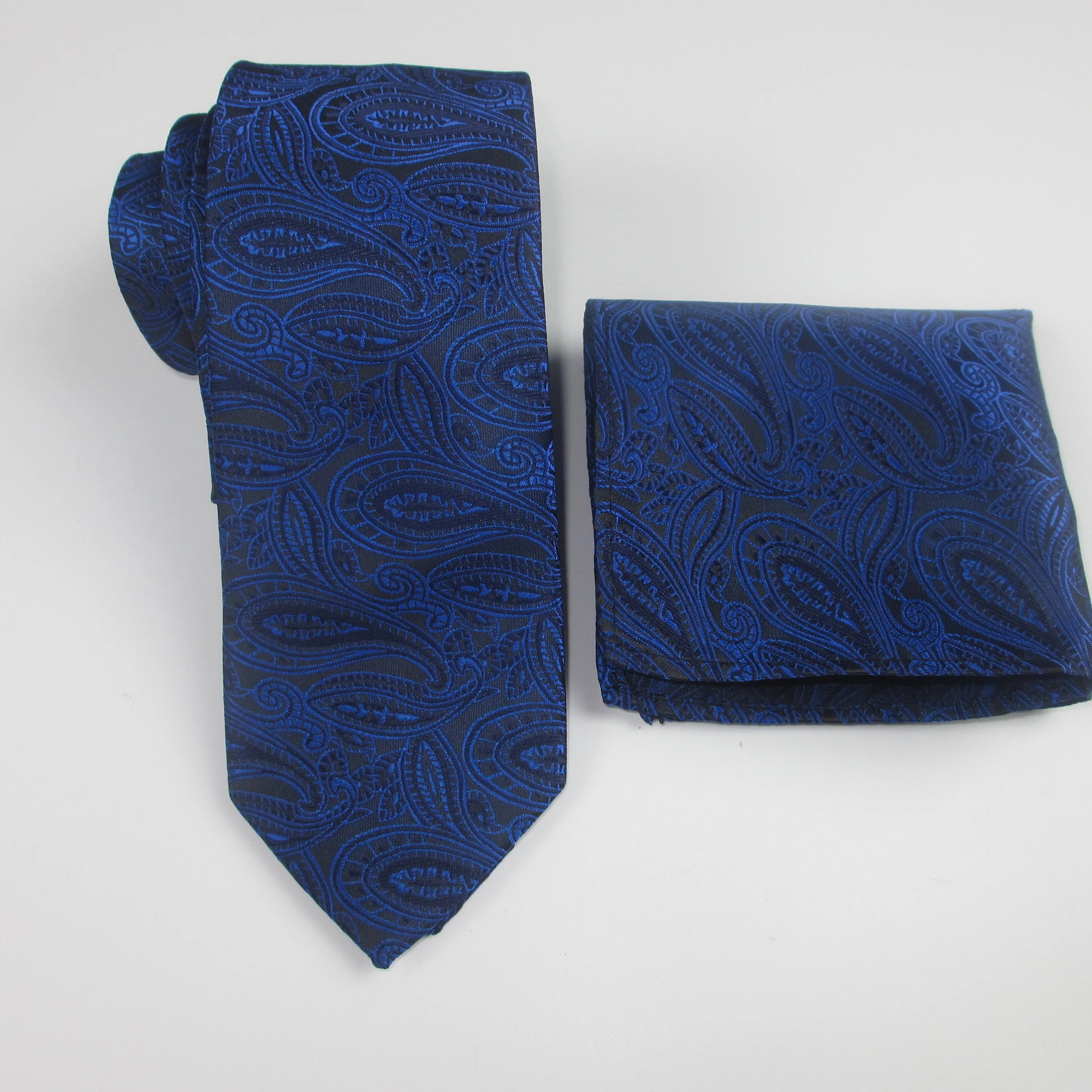 Men's Tie Pocket Square Paisley Flower Dots Hankerchief Narrow Thin Qme DEEP BLUE