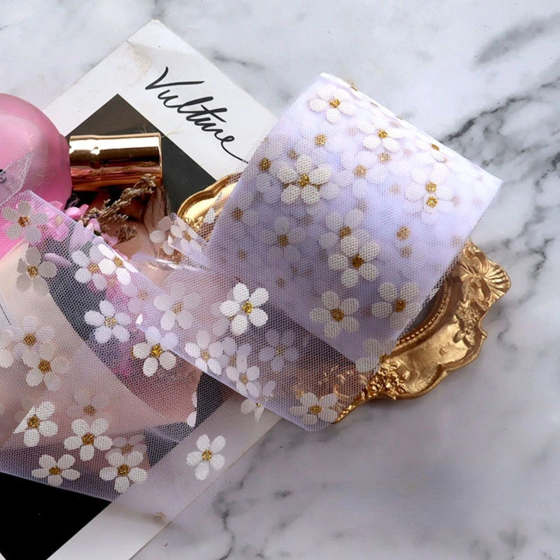 6cm 5Yards Floret Tulle Daisy Ribbon Roll DIY Craft Ribbons for Gift Bow Packaging Cherry Blossoms Printed Mesh Fabric Supplies Qme White ribbons 5 yards (4.5m)