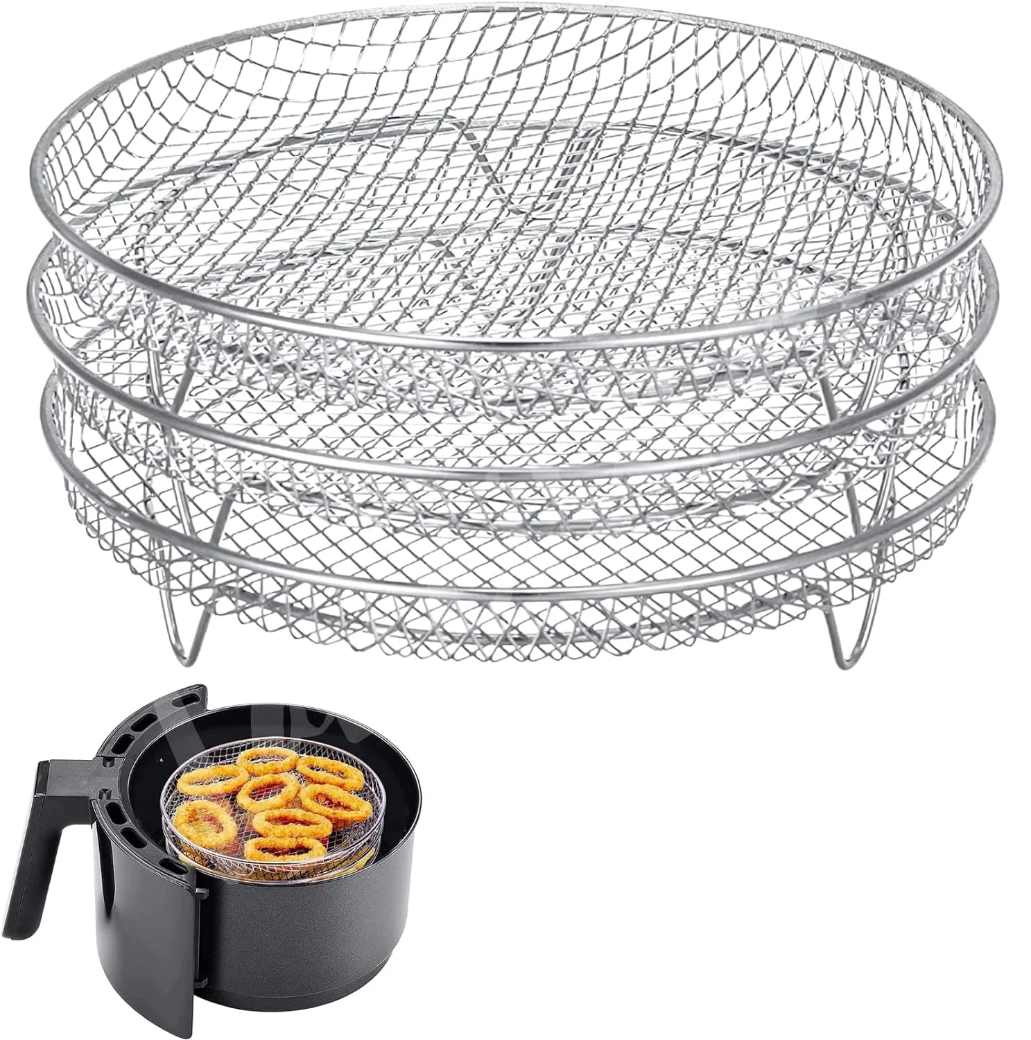 Three Stackable Air Fryer Rack Ovens Racks Stainless Steel Basket Tray Air Fryer Accessories Kitchen Gadgets Baking Tools Qme Circular