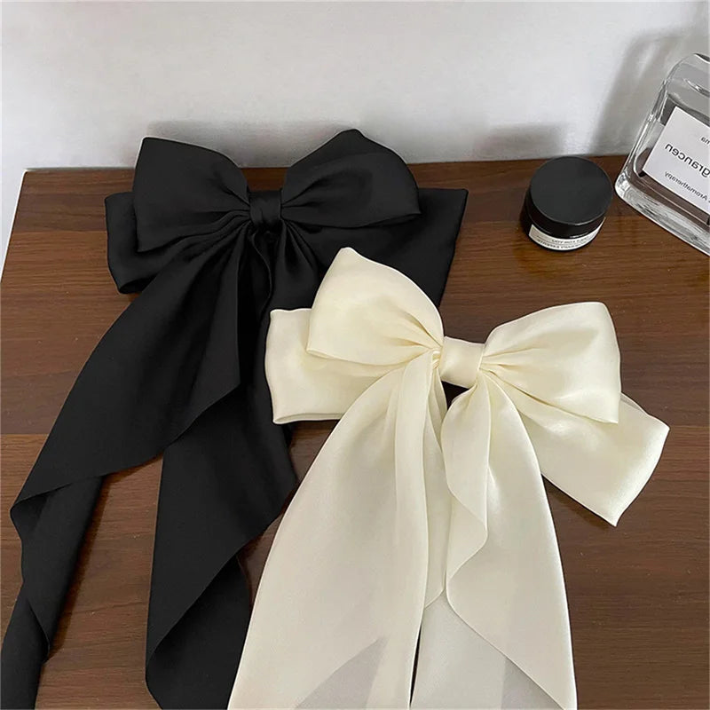 Elegant Bow Ribbon Hair Clip Fashion Simple Solid Satin Spring Pin Qme