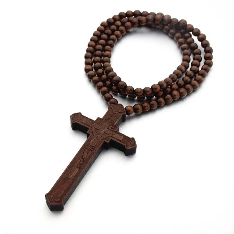 Wooden Rosary Pendant Cosplay Religious Antique Cool Cross Necklace Beads Catholic God Bless Jewelry Trend Fashion Festival Gift Qme Brown