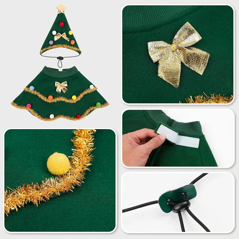 Pet cat and dog Christmas cloak with hat, stars and fluffy balls, suitable for small and medium-sized dogs during Christmas Qme