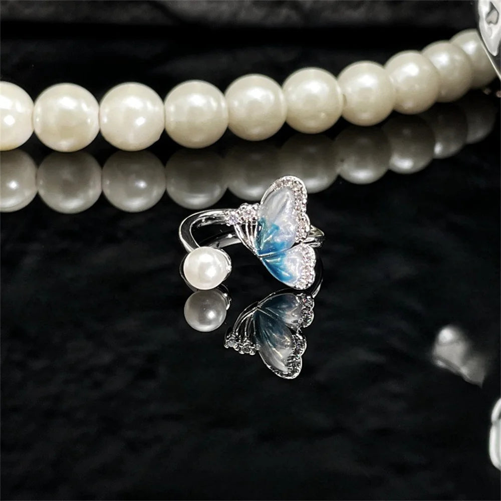 Blue Double Butterfly Open Ring with High Beauty New Vintage Light Luxury Fairy Style Versatile Finger Ring Qme -4 resizable