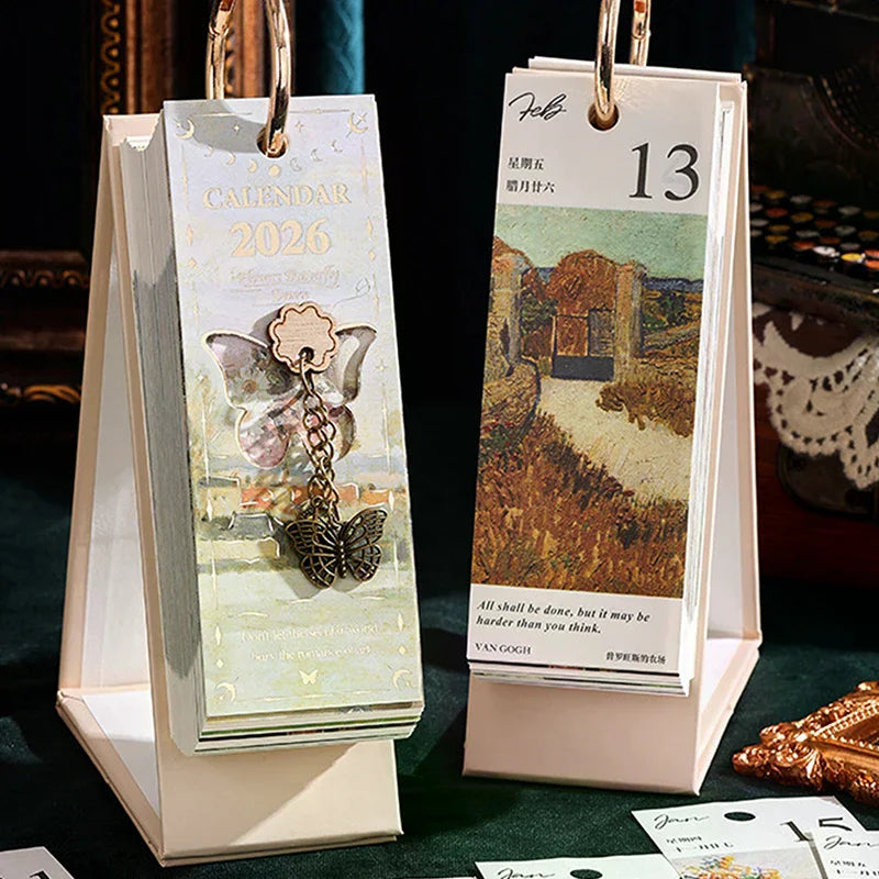 2026 Desk Calendar Vintage Oil Painting Inspirational Quotes One-way Qme
