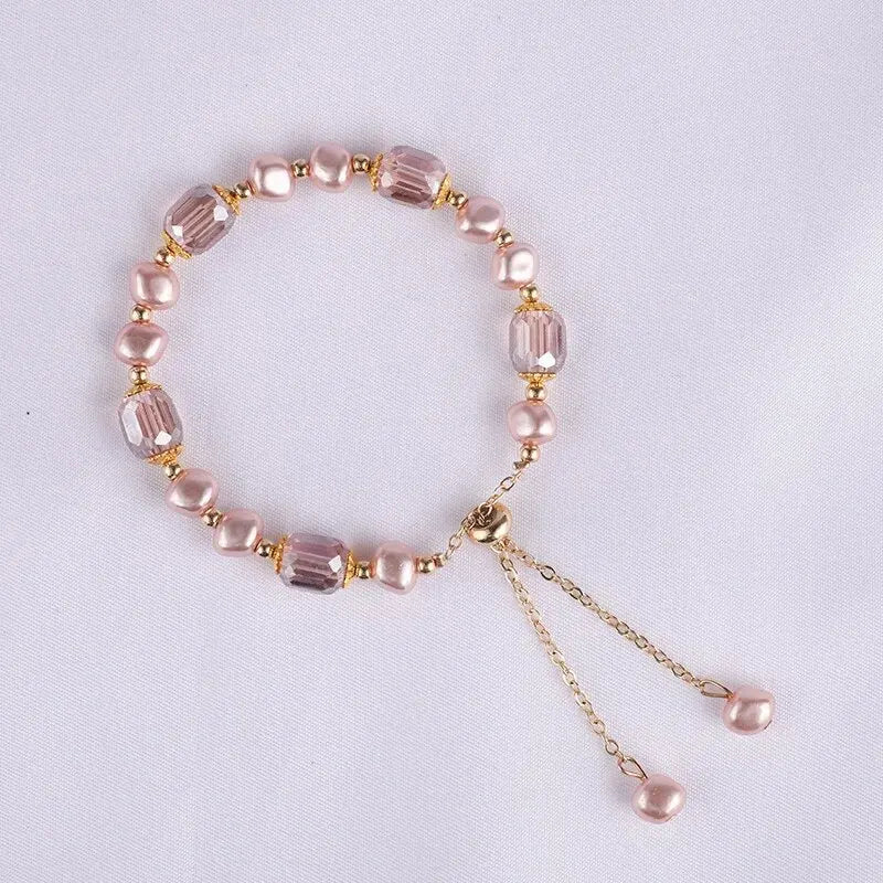 Elegant Pink Imitation Pearl Bracelets Exquisite Purple Crystal Beaded Adjustable Bracelets Bangle Female Wristband Accessories Qme Imitation pearl